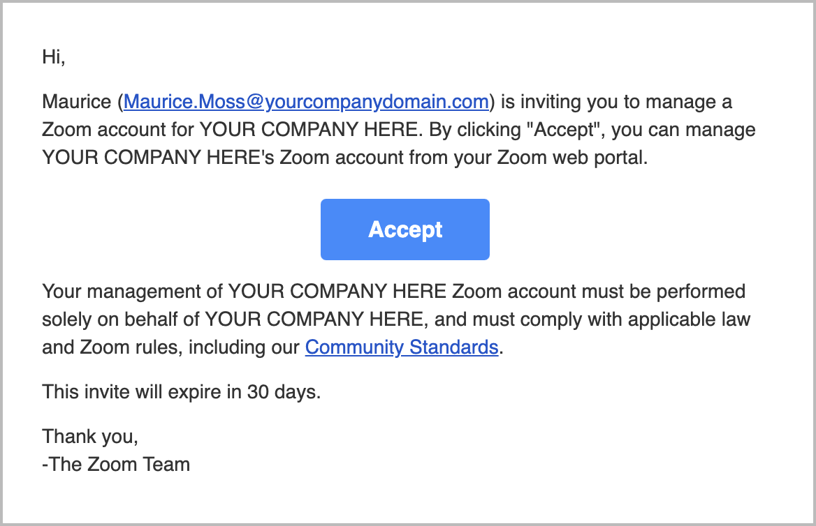 مثال على البريد الإلكتروني الذي يتلقاه المستخدمون عند دعوتهم ليكونوا مسؤولًا مفوضًا