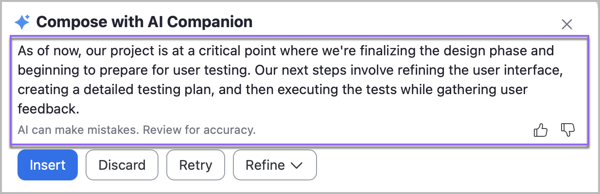 An image demonstrating AI Companion's generated response